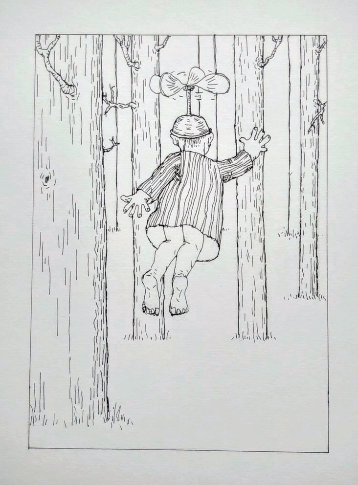 ink drawing of child flying through trees