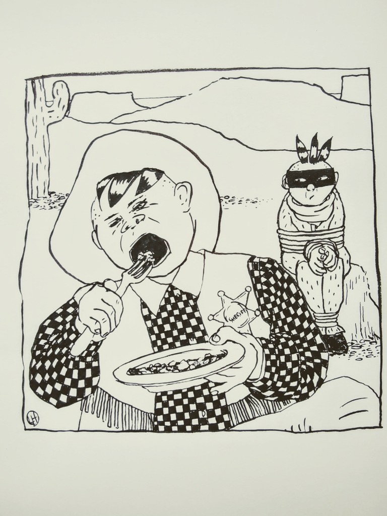 ink drawing of wild west sheriff eating dinner in front of tied-up prisoner